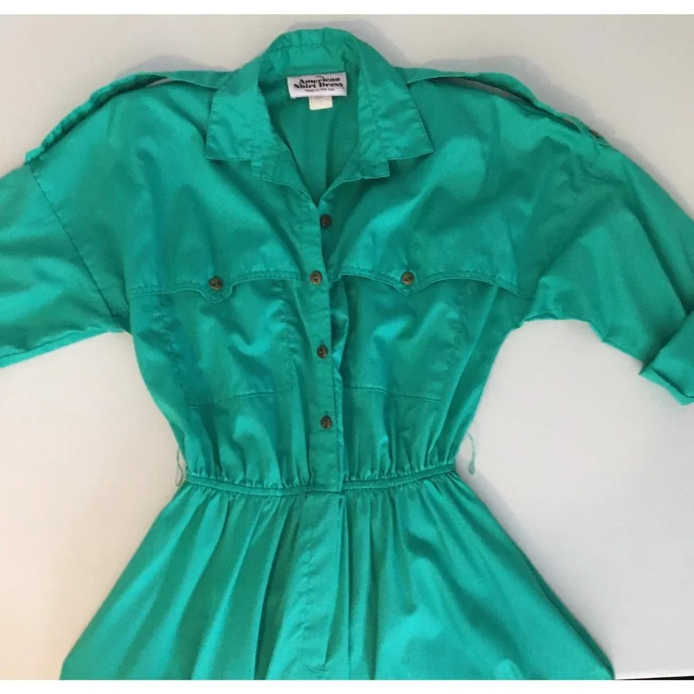 Vintage 80s Day Dress, Green Shirt Dress, Vintage Dress with Pockets Size Medium - Picture 7 of 14